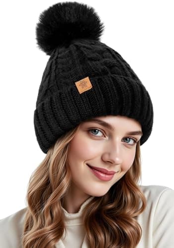 Winter Hats for Women - Fleece Lined, Chunky Knit Beanie for Women with Faux Fur Pom - Warm Hats for Women