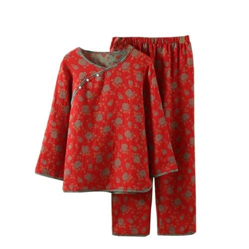 PRINCESS BRIDE Gauze Jacquard Cotton Set Womens Pajamas Set Summer Lounge Sets Hanfu Loose Kimono Slant collar, L, Red