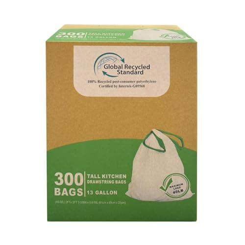 TYPLASTICS 300 Count 13 Gallon Tall Kitchen Drawstring Trash Bags, GRS Compliant, Eco-Friendly Recycled Material
