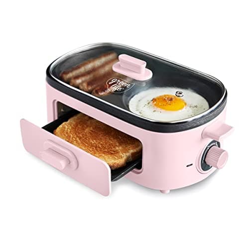 Best Breakfast Maker Stations #3 from GreenLife GreenLife 3-in-1 Breakfast Maker Station, Healthy Ceramic Nonstick Dual Griddles for Eggs Meat Sausage Bacon Pancakes and Breakfast Sandwiches, 2 Slice Toast Drawer, Easy-to-use Timer, Pink