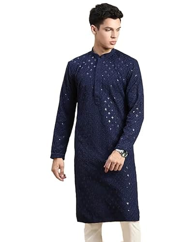 HOME ARCHIVE Men's Ethnic Cotton Embroidery Chikankari Sequence Kurta Pyjamas Set for Indian Wedding Festivals Occasion (US, Alpha, X-Large, Regular, Regular, Royal Blue)