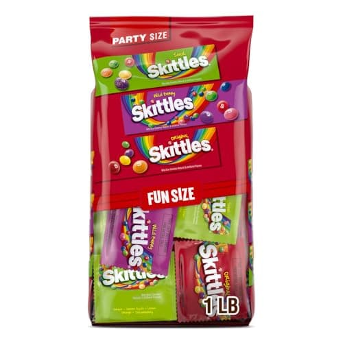 Wrigley's Skittles Fun Size Original, Wild Berry, and Sour Chewy Individually Wrapped Stocking Stuffers Christmas Candy Variety Pack, 26.46 Oz Bulk Bag
