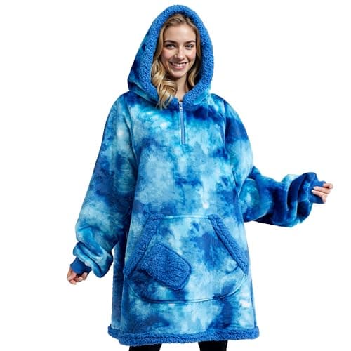 Giggling Getup Wearable Blanket Hoodie for Women Men - Oversized Flannel Sherpa Fleece Sweatshirt Blanket - with Giant Pocket & Sleeves - Cozy Warm Blanket Birthday Gifts for Adults Dark Blue Tie Dye