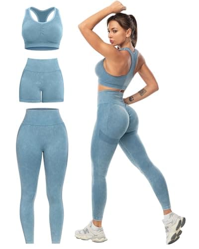 SALSPOR 3 Piece Workout Sets for Women Butt Lifting Leggings with High Impact Sports Bra Gym Shorts Activewear Matching Set(3DWX-Washed Blue-M)