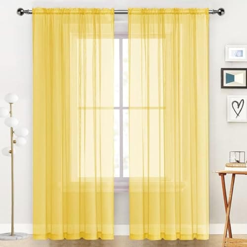 SpaceDresser Sheer Voile Window Treatment Rod Pocket Curtain Panels for Kitchen Bedroom Living Room Drapes Sunlight Filtering Privacy Semi Home Decor Assorted Colors Sizes (Yellow, 52 W x 84 L)