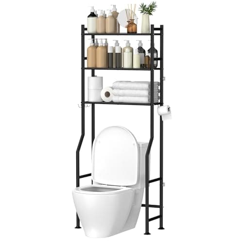 GloTika 3-Tier Over The Toilet Storage, Space Saver Metal Bathroom Shelves, Freestanding Above Over Toilet Storage Shelf with 4 Hooks for Bathroom, Black