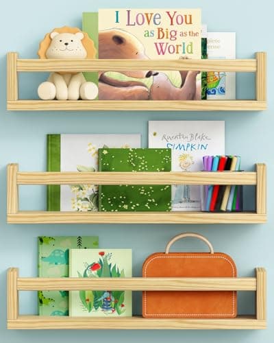 Best Kids Bookshelf for Walls #10 from Harwaya Harwaya Floating Nursery Book Shelves for Wall, Natural Wood Wall Bookshelf for Kids Room Bedroom, Small Wooden Hanging Baby Book Shelf and Toy Organizer for Nursery Girl Boy Toddler Child - Set of 3