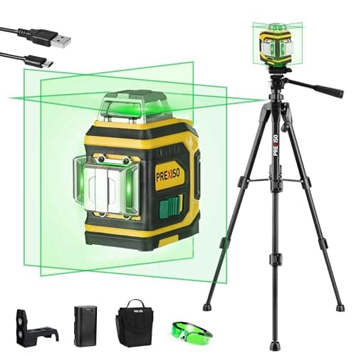 PREXISO Rechargeable 360° Self Leveling Green Laser Level with Tripod, Magnetic Base, Glasses - For Construction, Tile, Home Renovation