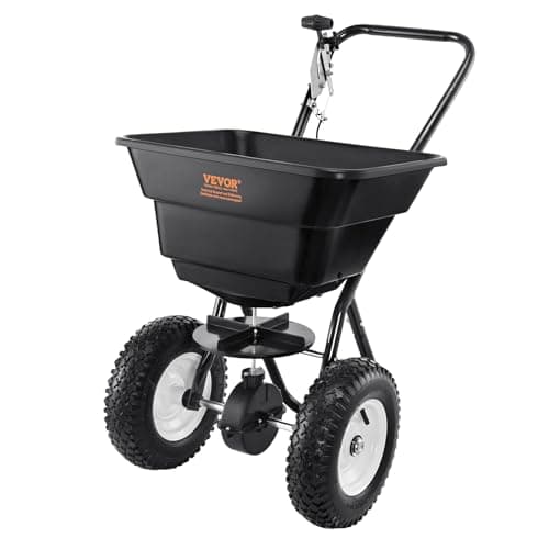 VEVOR Broadcast Spreader, 80 LB Walk-Behind Turf Spreader with 12" Wheels, Steel Push Fertilizer Spreader, Garden Seeder, and Salt Spreader, Designed for Residential, Farm, and Tough Terrain, Black