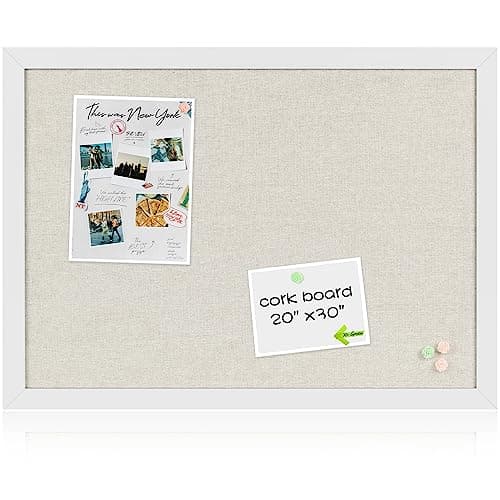 Board2by White Cork Board Bulletin Board with Linen, Wood Framed 30" x 20" Corkboard, Office Board for Wall Decor, Wall Mounted Pin Board Picture Board with 20 Pushpins for School, Home & Office