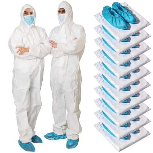 YRUWTTA Disposable Hazmat Suits 10 Pack,Protective Coveralls with Hood Full Body Painters Suit-L