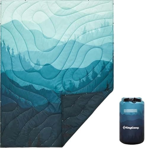 KingCamp Ultralight Camping Blanket, Packable Down Alternative Puffy Printed Wearable Blanket with Snap Buttons & Corner Loops Weatherproof Quilt for Outdoor Travel Stadium (78.7"L x 57.1”W, CYAN)