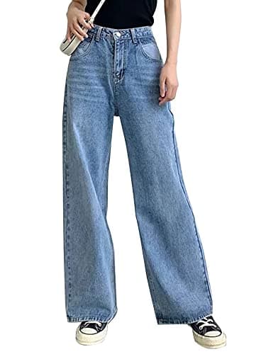 HDLTE Women Wide Leg Jeans Junior High Waist Baggy Jeans Loose Boyfriends Jeans Blue Washed