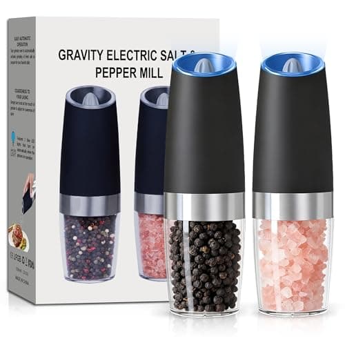 UNNEES Gravity Electric Salt and Pepper Grinder set of 2, Automatic Salt And Pepper Grinder Set, Adjustable Roughness, Battery Powered, LED Light, 2 Pack, (Black)