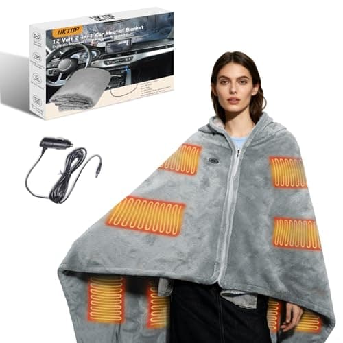 UKTOP 12 Volt Car Heated Blanket, 2-in-1 Wearable Car Blanket 59"X39" with 3 Heating Levels with Zipper for Car/Truck/SUV/RV, Camping & Travel Car Electric Blanket, Machine Washable, Grey