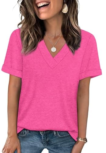 WIHOLL V Neck T Shirts for Women Loose Fit Casual Summer Tops Short Sleeve Shirts Trendy Clothing Fashion 2025 Hot Pink M
