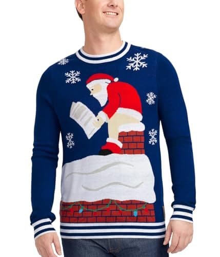 Tipsy Elves Men's Ugly Christmas Sweaters - Funny Christmas Sweaters for Men - Fun Holiday Pullovers - Men's Hilarious Blue Pooping Santa Claus Ugly Christmas Sweater Size Large