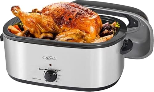 Sunvivi 30lb 26-Quart Roaster Oven, Electric Roaster Oven with Viewing Lid, Turkey Roaster with Unique Defrost/Warm Function, Large Roaster with Removable Pan & Rack, Stainless Steel, Silver