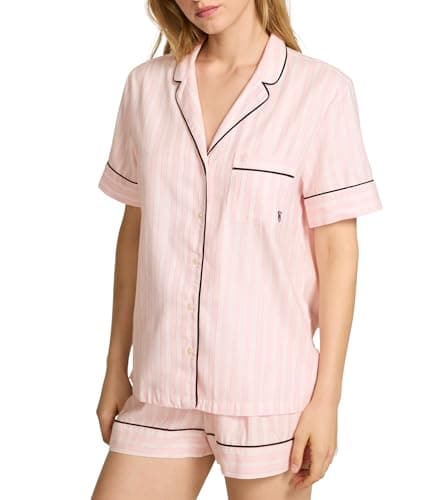 Victoria's Secret Flannel Pajama Set, Short Sleeve Shirt and Shorts, Pajamas for Women, Pink Iconic Stripe, M