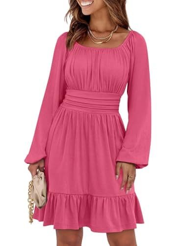 ANRABESS Womens Dress Long Lantern Sleeve Square Neck Elastic Waist Ruffle Flowy Swing A-Line Short Dresses 2025 Fall Fashion Hot Pink Small