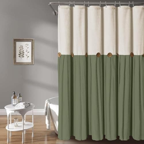 Awellife Farmhouse Shower Curtain for Bathroom Linen and Cotton Woven Fabric Country Rustic Style Shower Curtain Set (Cream & Green, 72" L x 72" W)