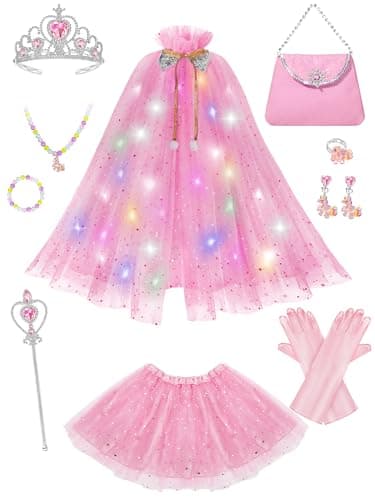 Popsunny Light Up Princess Dress Up Clothes for Girls Aged 3 4 5 6, Princess Cape & Skirt with Accessories, Princess Dress Gift Toy for Birthday Christmas Pink