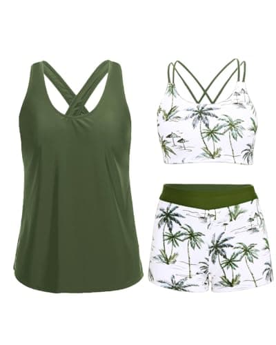 Holipick Green Palm Tree 3 Piece Tankini Swimsuits for Women Tummy Control Bathing Suits Swim Tank Top with Bra Boy Shorts Teen Swimwear L