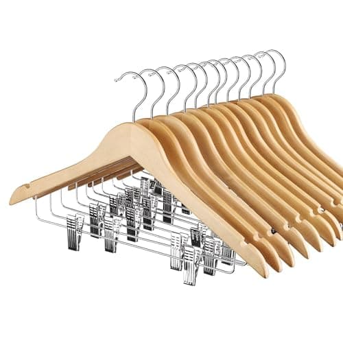 HOUSE DAY 12 Pack High-Grade Wooden Suit Hangers Skirt Hangers with Clips Solid Wood Pants Hangers Natural Smooth Finish Premium Wood Hangers with Durable Metal Clips for Blouse, Dress, Coat, Jacket