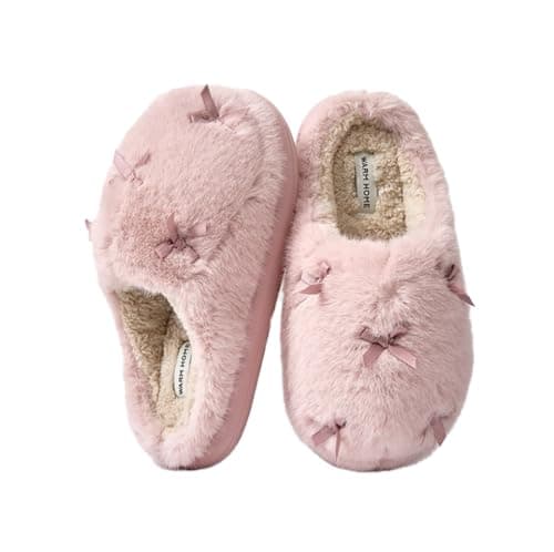 Uewidiod Women's Cute Plush Home Slippers Butterfly Knot Cotton Slippers Comfortable Thick Bottom Outdoor Slippers Winter Indoor Soft Warm Slippers (Pink, Adult, Women, 6.5, Numeric Range, US Footwear Size System, 7.5, Medium)