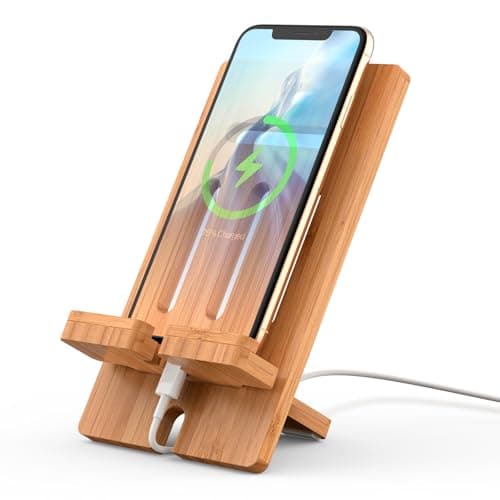 Pezin & Hulin Cell Phone Tablet Stand, Bamboo Wooden Smart Phone Desktop Charging Dock Holder Compatible with Pad, 8 Plus X XS Max XR, All Android Cellphone, Tablet - 1 Pack