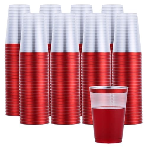 By Madee HEAVYWEIGHT 200 Pack Red Plastic Cups 12 oz | Red Rimmed Plastic Cups for Party | Fancy Clear Disposable Cups for Party, Wedding and Special Gatherings