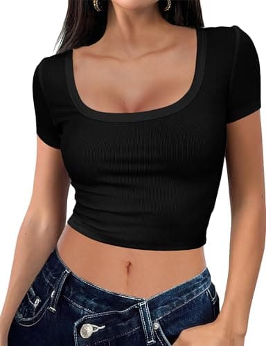 Buauty Women's Crop Tops Scoop Neck Tshirts Ribbed Summer Shirts Short Sleeve Tees Fitted Basic Clothes Slim Tight Fit 2024 Black