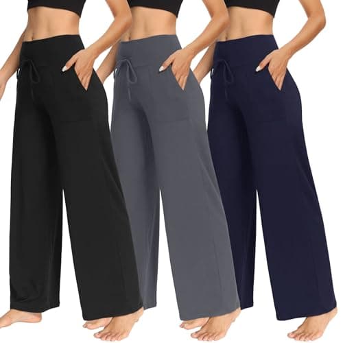 TNNZEET 3 Pack Women's Wide Leg Pants with Pockets - Casual Loose Yoga Trouser Pants Sweatpants Palazzo Lounge Pajama Pants