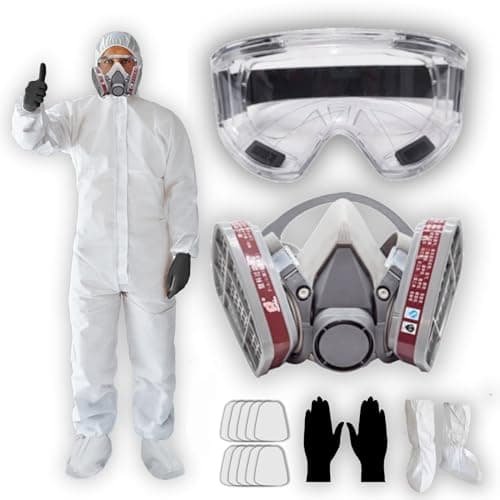 Zimchado Hazmat Paint Suit Plus Full Face Respirator Mask And Anti Fog Protection Goggles Full Body Suit Production 6 Sizes + Gloves and Ear Plugs Under The Gas Mask (Large)