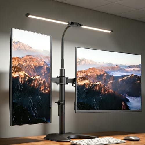 Eyteenokk 13–32″ Dual Monitor Stand for Desk with Adjustable LED Desk Lamp, Monitor Stand with Led Lights Freestanding Dual Monitor Mount (22 lbs/Arm) – Two-Screen Ergonomic Mount with Reading Lamp