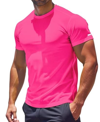RGJU Workout Shirt Men Moisture Wicking Running T-Shirt(neon Pink,L)