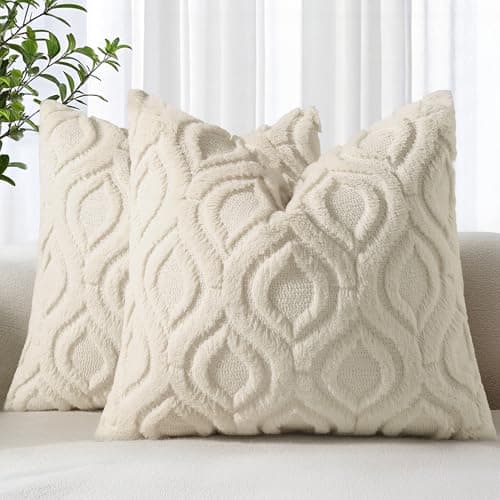 decorUhome Spring Throw Pillow Covers 18x18 Inch Set of 2, Soft Plush Faux Wool Beige Solid Couch Pillow Covers, Accent Farmhouse Neutral Square Pillow Cases for Sofa Bed Living Room