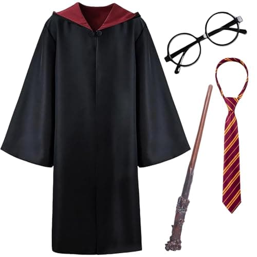 Yaliuliu Kids Wizard Costume – Robe, Wand, Glasses Frame & Tie Set for Boys & Girls Ages 8–10, Halloween or Birthday Dress Up