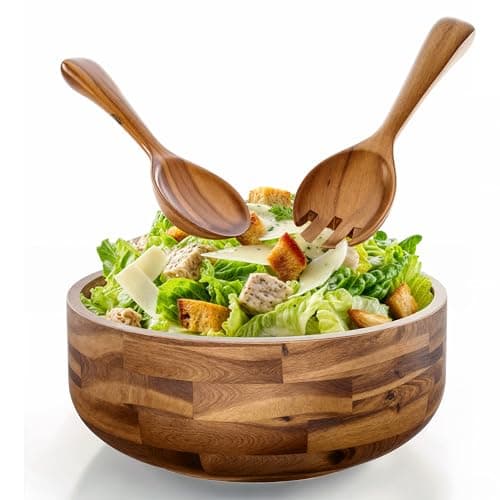 Tidita 12" Salad Bowl Set with 2 Wooden Hands - Large Acacia Wood Serving Bowl with Serving Utensils - Big Mixing Bowl for Fruits, Salad,Pasta for Kitchen Counter (12" Diameter x 4.5" Height)