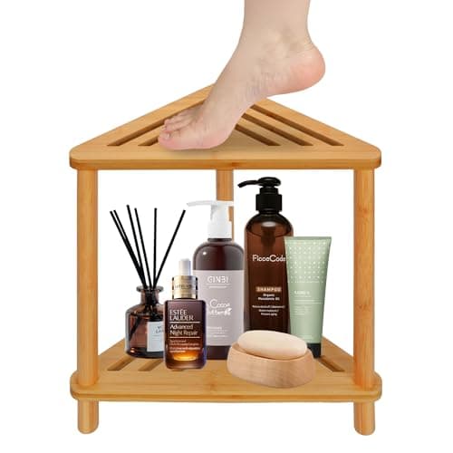 Bamboo Corner Shower Stool for Inside Shower Shaving Legs, Waterproof Bathroom Bench Seat with Storage Shelf for Small Spaces, Foot Rest, Bath Seat