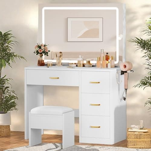 YITAHOME Vanity Desk with Large LED Mirror, Power Outlet, 3 Lighting Modes, 4 Drawers, and Cushioned Stool for Bedroom, Dressing Room