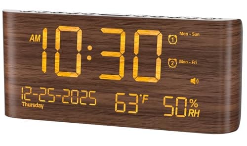 Mesqool Digital Alarm Clock for Bedroom with Date Temperature and Humidity, Dual Alarms，Loud Volume, USB and Type-C Charging Ports (Brown)