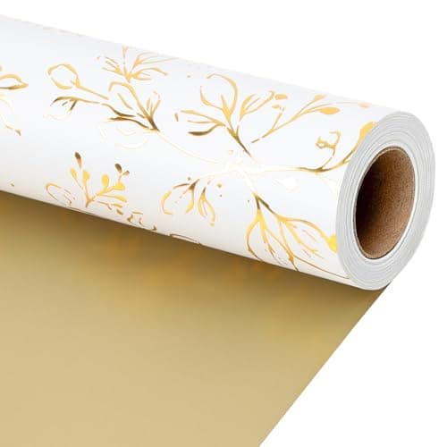 LaRibbons Reversible Wedding Wrapping Paper - Gold and White Botanical Foil Design for Wedding, Bridal Shower, Anniversaries, Engagement, 17 Inch x 33 Feet Elegant Design for Luxury Gifts