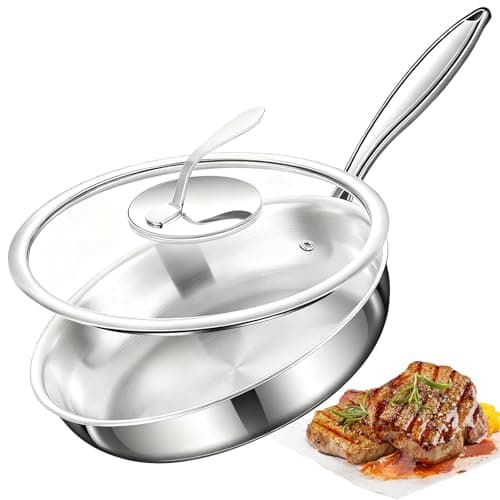 Risirica 12 inch Seven-layer Stainless Steel Frying Pan with LID,Food grade steel pan,Egg Pan Omelet Pan,Stainless Steel Frying Pan set,Dishwasher and Oven Safe, Induction,for Ceramic and Gas Cooktops