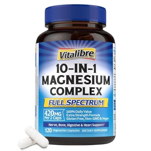 Vitalibre 10 in 1 Magnesium Complex, 420mg Elemental Magnesium | Ultra Strength, Max Absorption | Chelated Magnesium Supplement for Nerves, Bone & Heart Health | Non-GMO, 120 Vegan Capsules