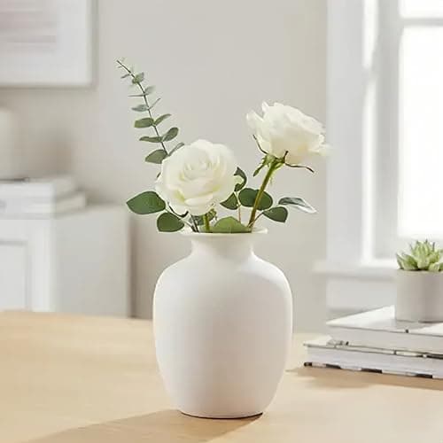 Wancetang Rustic Farmhouse Vase for Pampas Grass, Beige Ceramic Vase for Flowers, 7 Inch Boho Vases for Home Decor, Aesthetic Desk, Night Stand, Book Shelf Decor