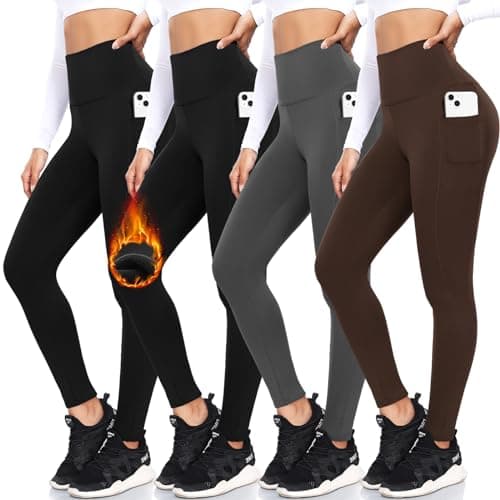 FULLSOFT 4 Pack Fleece Lined Leggings with Pockets for Women High Waisted Thermal Winter Warm Yoga Pants for Workout Running Plus Size(Black,Black,Gray,Brown(4 Pack),Small-Medium)