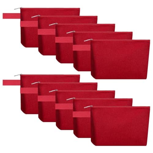 Sinzip 10 Pieces Cotton Canvas Makeup Bag with Bottom and Strap, Multi-Purpose Cosmetic Bag with Zipper Travel Toiletry Pouch, Blank DIY Craft Bag (Red, XS)