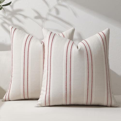 Hckot Christmas Pillow Covers 18x18 Set of 2 Red Striped Throw Pillow Covers Linen Decorative Pillows Square Cushion Covers for Sofa Couch Bed Living Room Xmas Winter Decorations(Red)