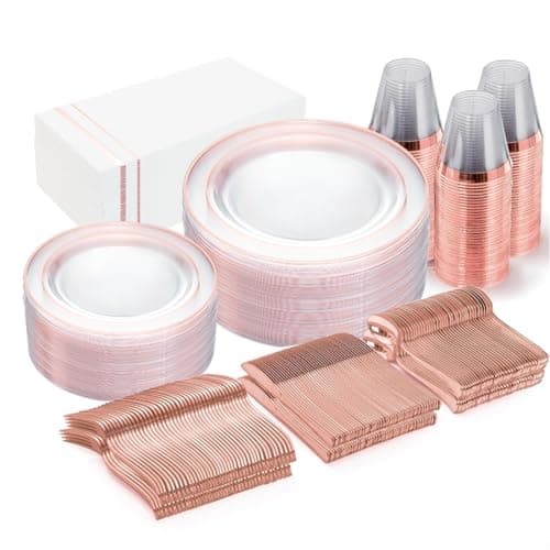 GATHER 350pcs Rose Gold Plastic Plates - Disposable Rose Gold Dinnerware Includes 100 Clear Rose Gold Rimmed Plastic Plates, 150 Silverware, 50 Napkins, 50 Cups for Party & Wedding